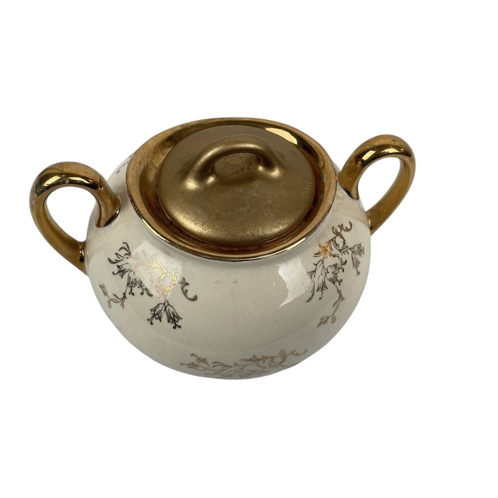 Vintage Pearl China Co. Sugar Bowl w/lid Cream Color w/22 Karat Gold Accents EUC